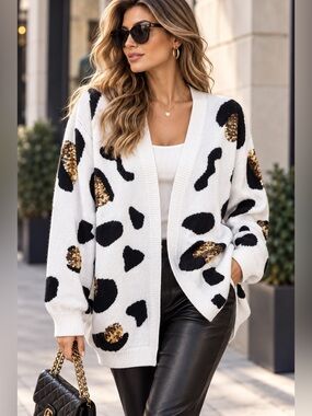 E70. BiBi White Cardigan with Black Leopard Spots and Gold Sequin Accents